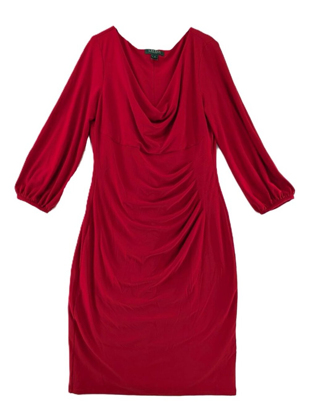 LRL Ralph Lauren Dress Womens Sz 12 Ruched Sheath Drape Neck Red Stretch 3/4 Slv